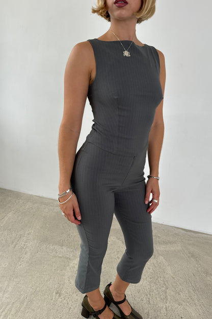 High Neck Top - Slate Pinstripe